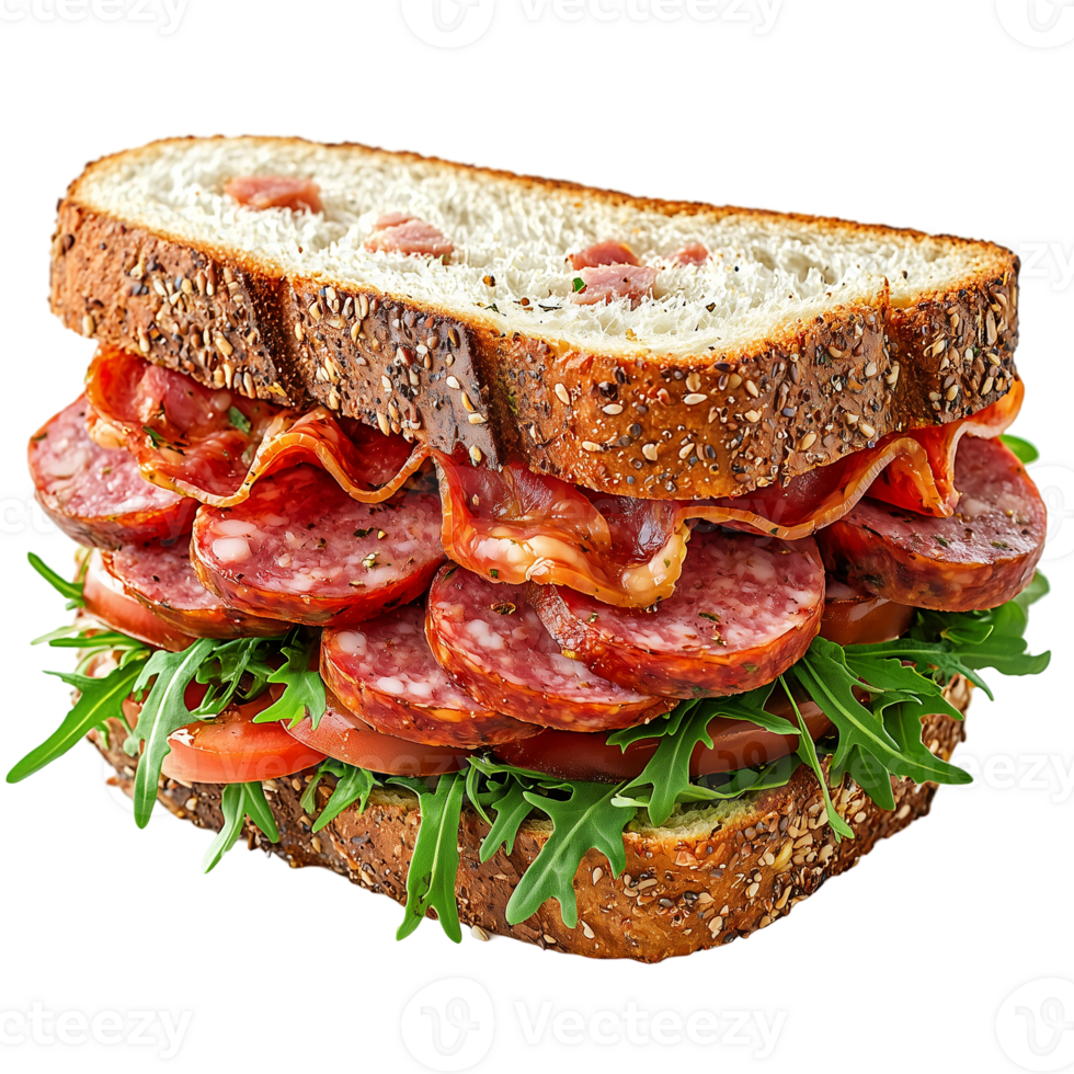 Delicious salami sandwich with arugula and tomato on whole wheat bread isolated on transparent background png