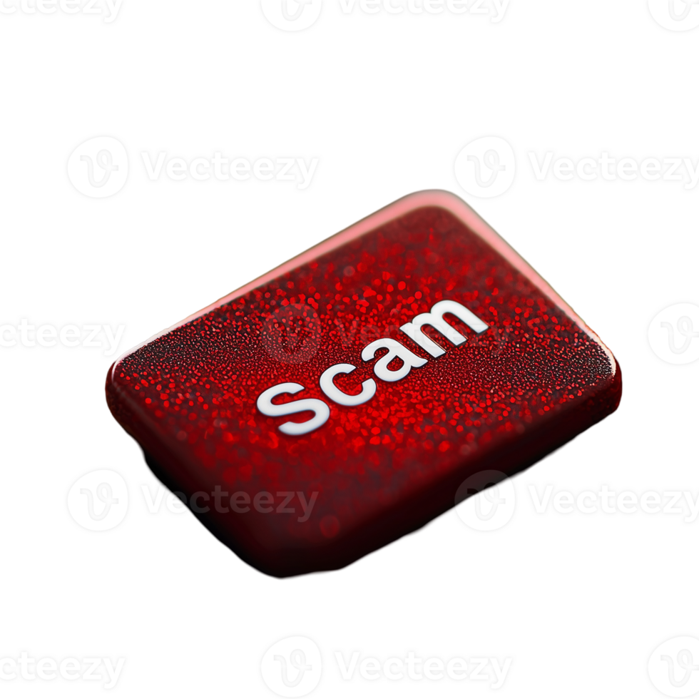 Red button with scam text concept for online fraud and protection isolated on transparent background png