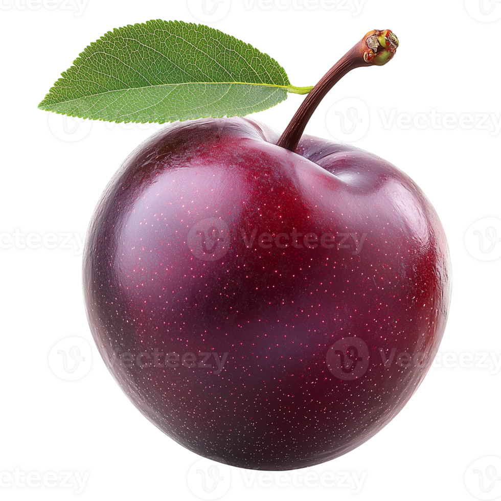 Fresh plum fruit close up with leaf isolated for healthy eating diet isolated on transparent background png