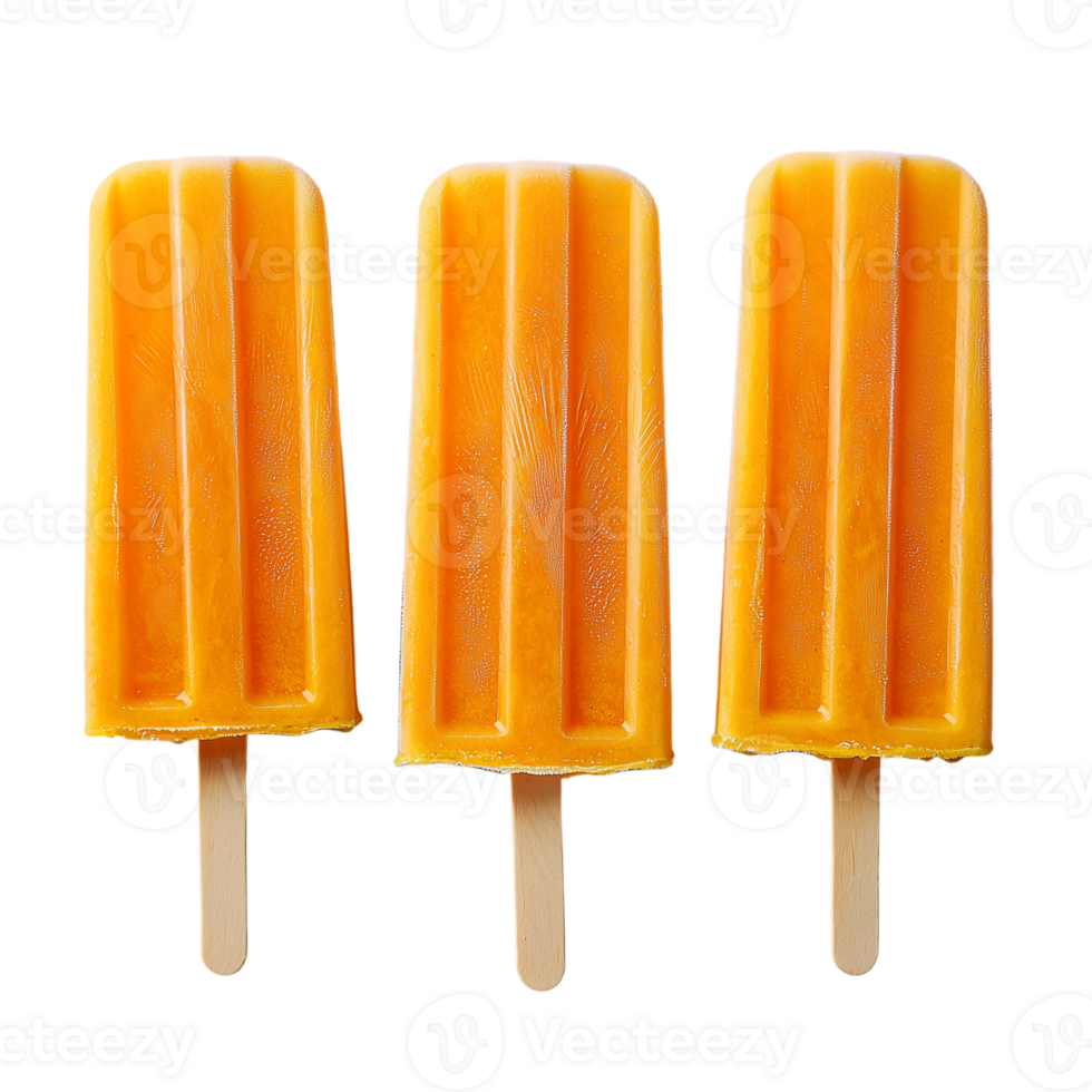 Three orange ice popsicles summer treat frozen dessert on sticks food isolated on transparent background png