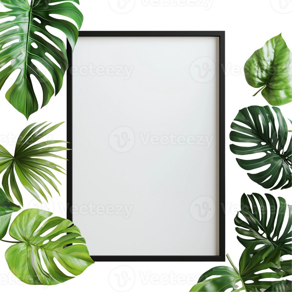 Frame with tropical leaves blank canvas for artwork presentation isolated on transparent background png