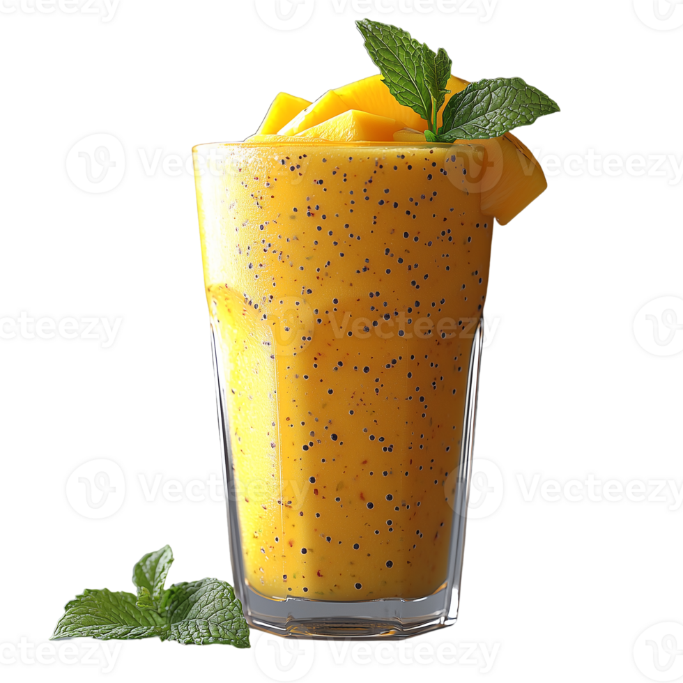 Delicious mango smoothie drink with fresh mint and fruit pieces top isolated on transparent background png