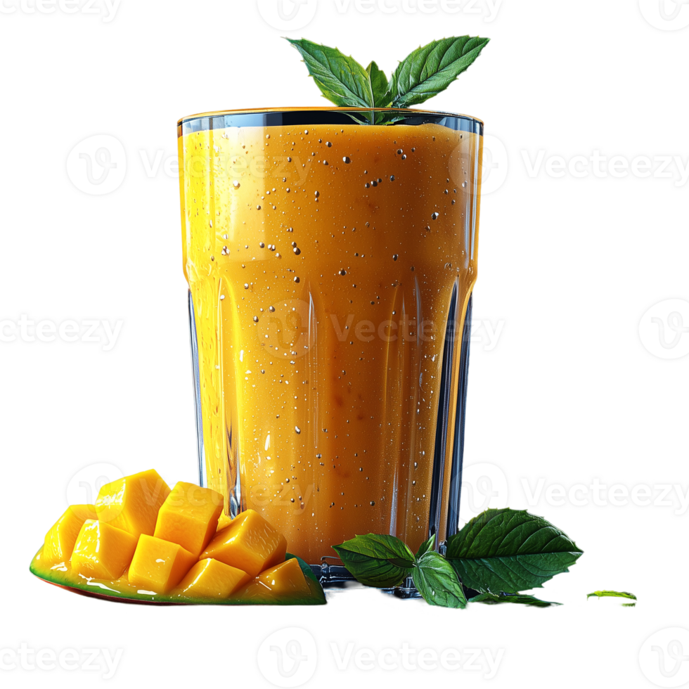 Refreshing mango smoothie in glass with mint and fruit chunks side isolated on transparent background png