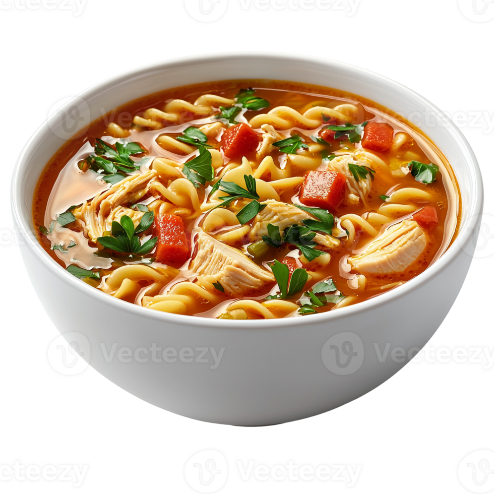 Bowl of homemade chicken noodle soup with carrots and parsley garnish isolated on transparent background png
