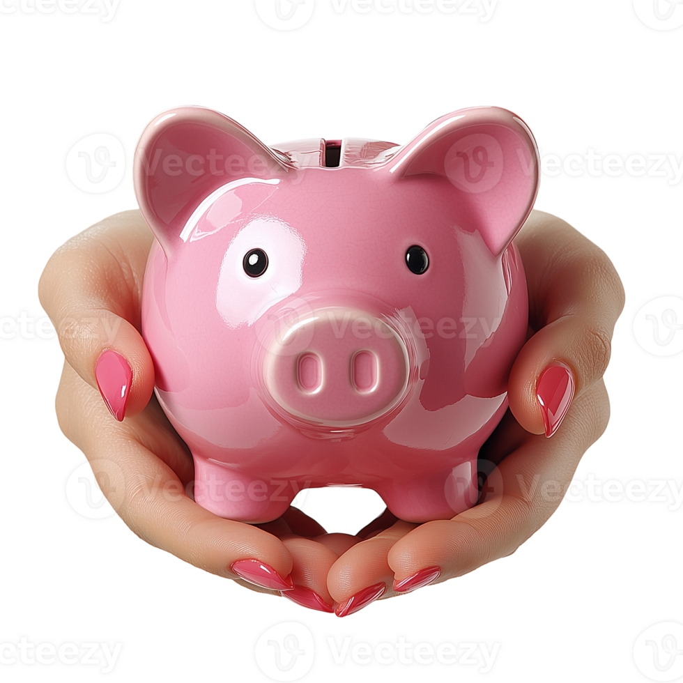 Pink piggy bank in hands savings and finance concept for investment isolated on transparent background png
