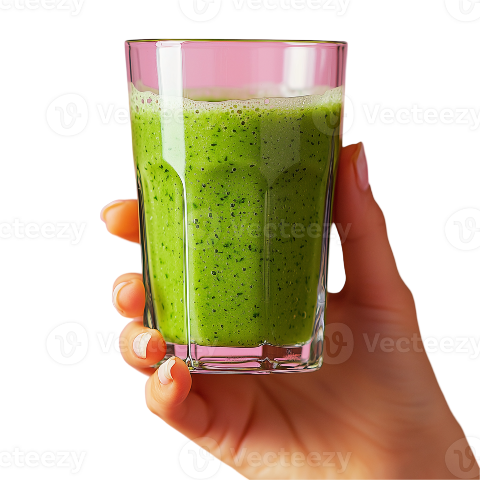 Green smoothie in glass held by hand healthy drink beverage diet isolated on transparent background png