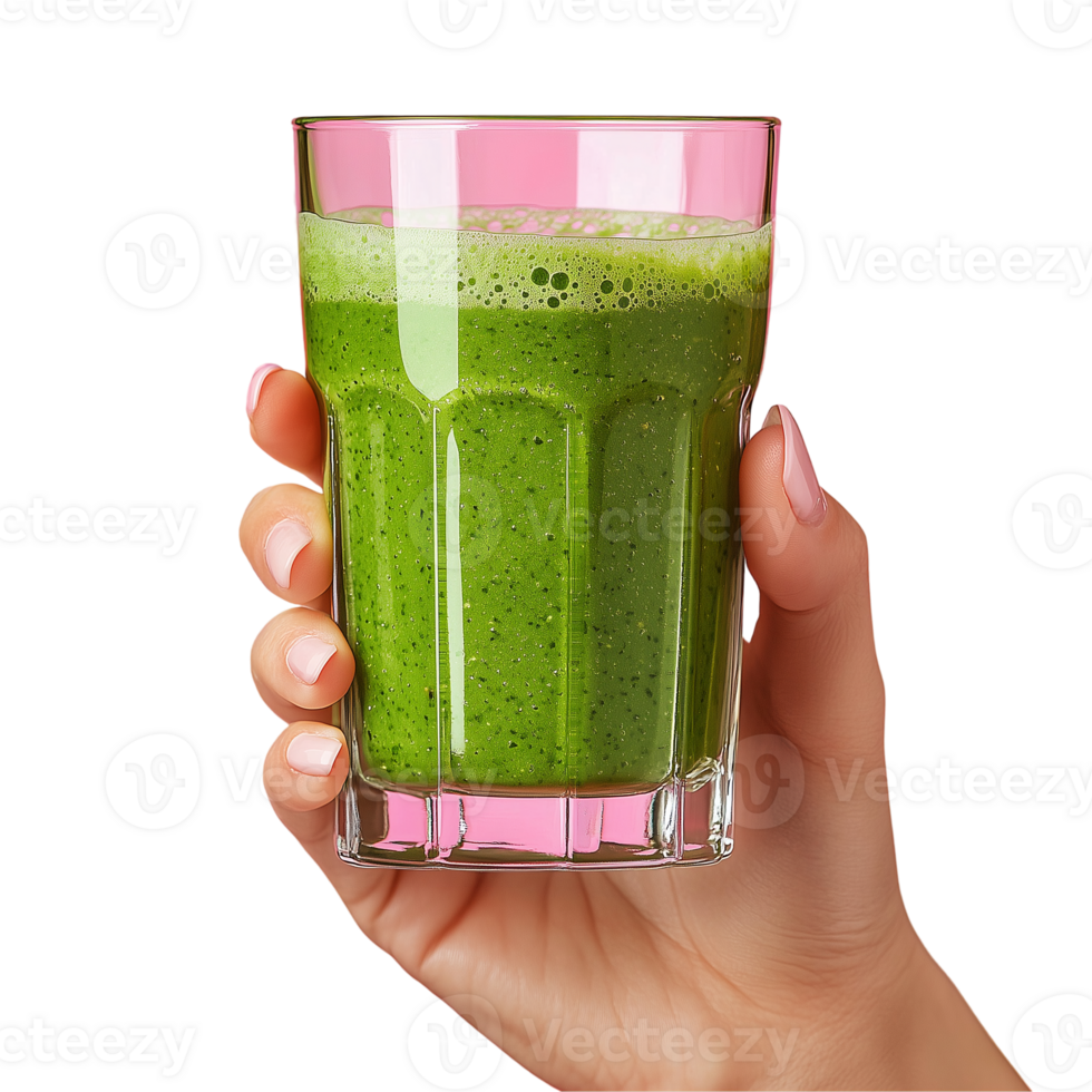 Green smoothie in glass held by hand for healthy lifestyle concept isolated on transparent background png