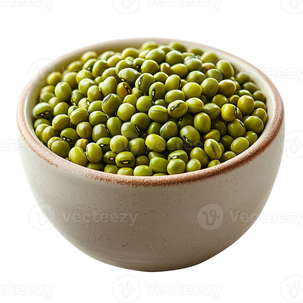 A bowl of green mung beans close up healthy food and ingredient view isolated on transparent background png