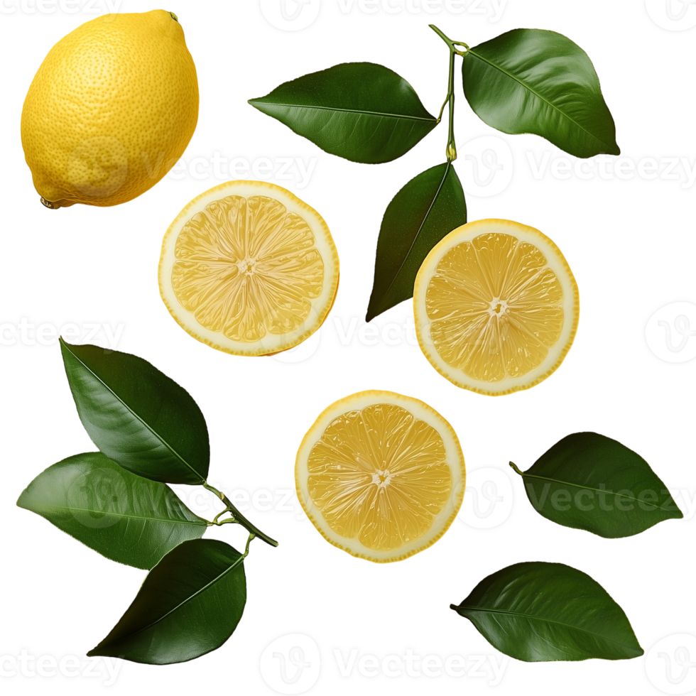 Fresh lemons and lemon slices with leaves on a plain background isolated on transparent background png