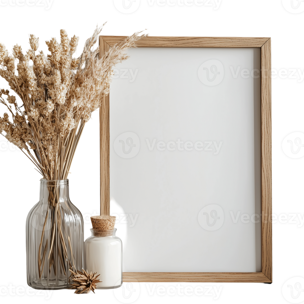 Wooden frame with vase and candle for artwork display template isolated on transparent background png