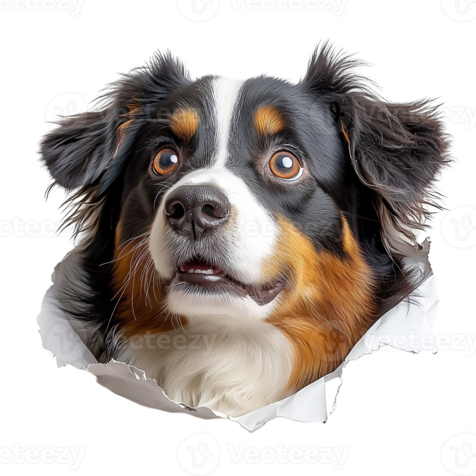 Cute australian shepherd dog looking through ripped paper artwork isolated on transparent background png