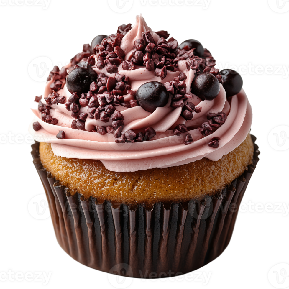 Delicious cupcake with pink frosting and chocolate sprinkles treat isolated on transparent background png