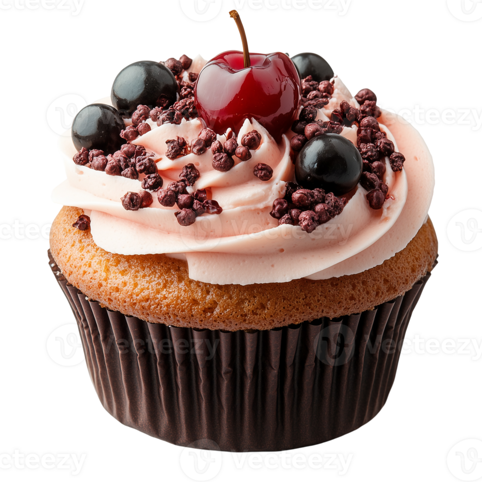 Delicious cherry cupcake with pink frosting dessert bakery treat isolated on transparent background png