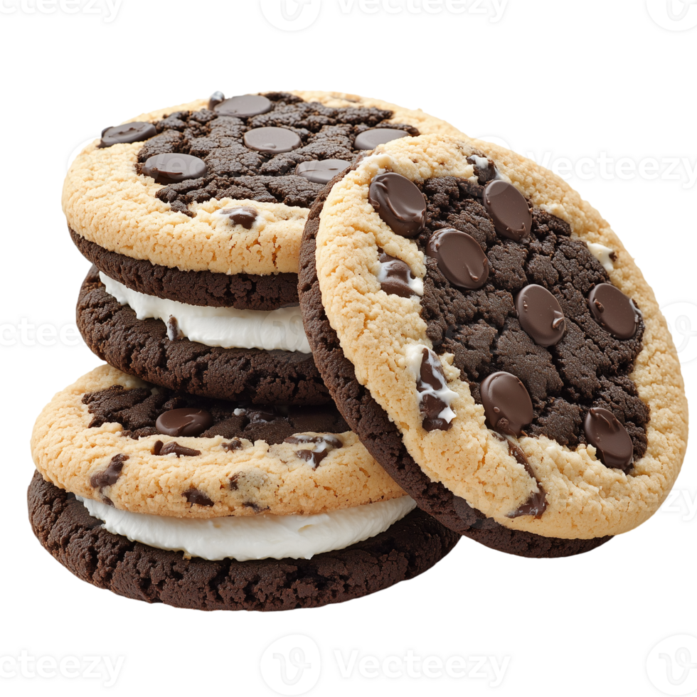 Delicious chocolate chip cookies cream filling stacked dessert treat isolated on transparent background png