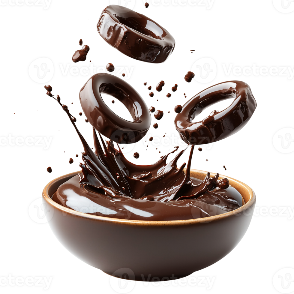 Chocolate rings falling into a bowl of melted chocolate dessert isolated on transparent background png