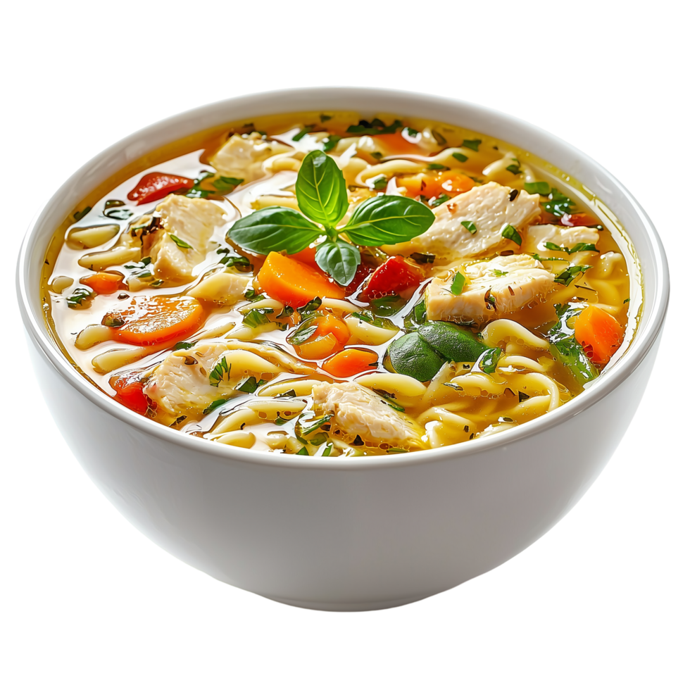 Bowl of chicken noodle soup with vegetables and fresh basil leaf isolated on transparent background png