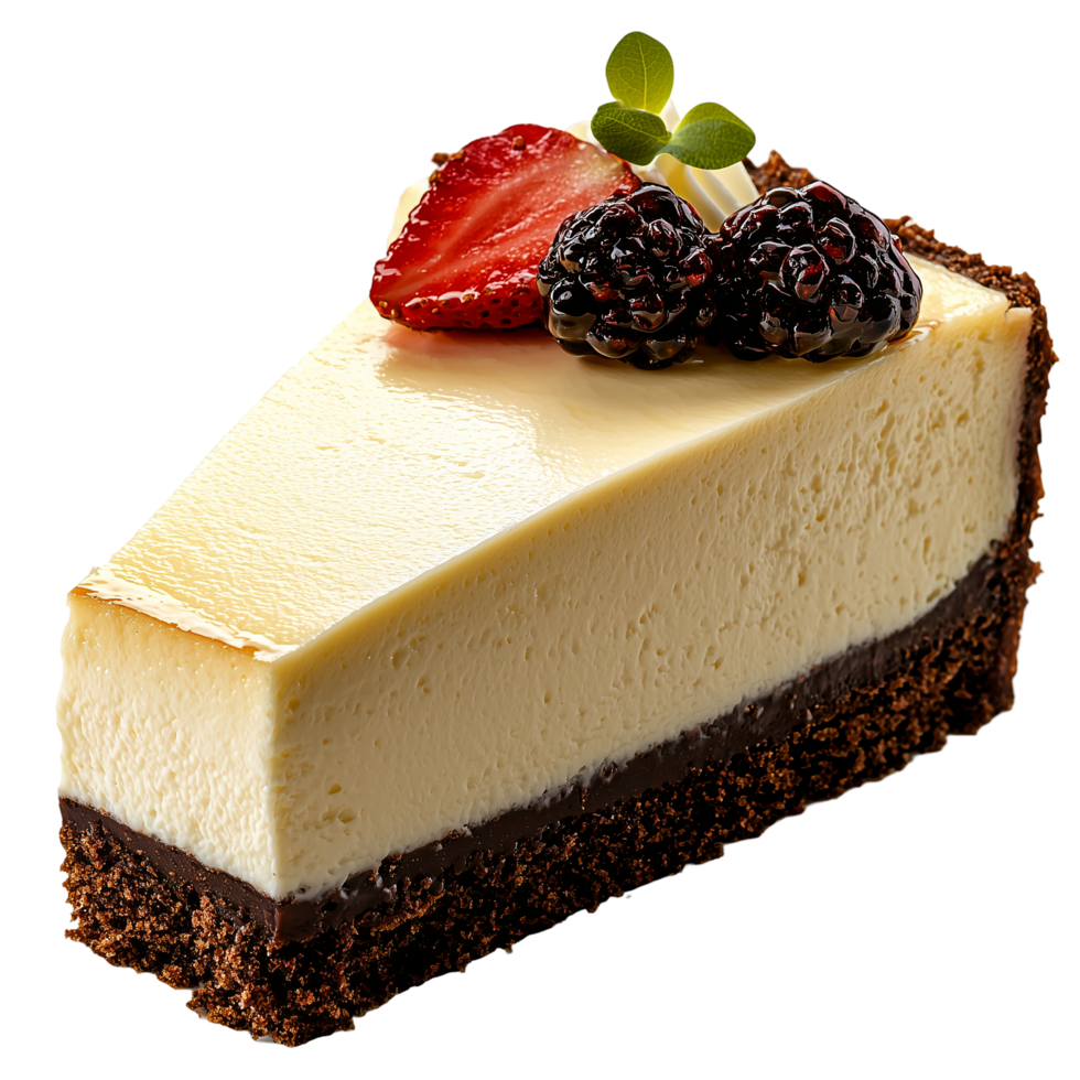 Delicious cheesecake slice with strawberry and blackberries dessert isolated on transparent background png