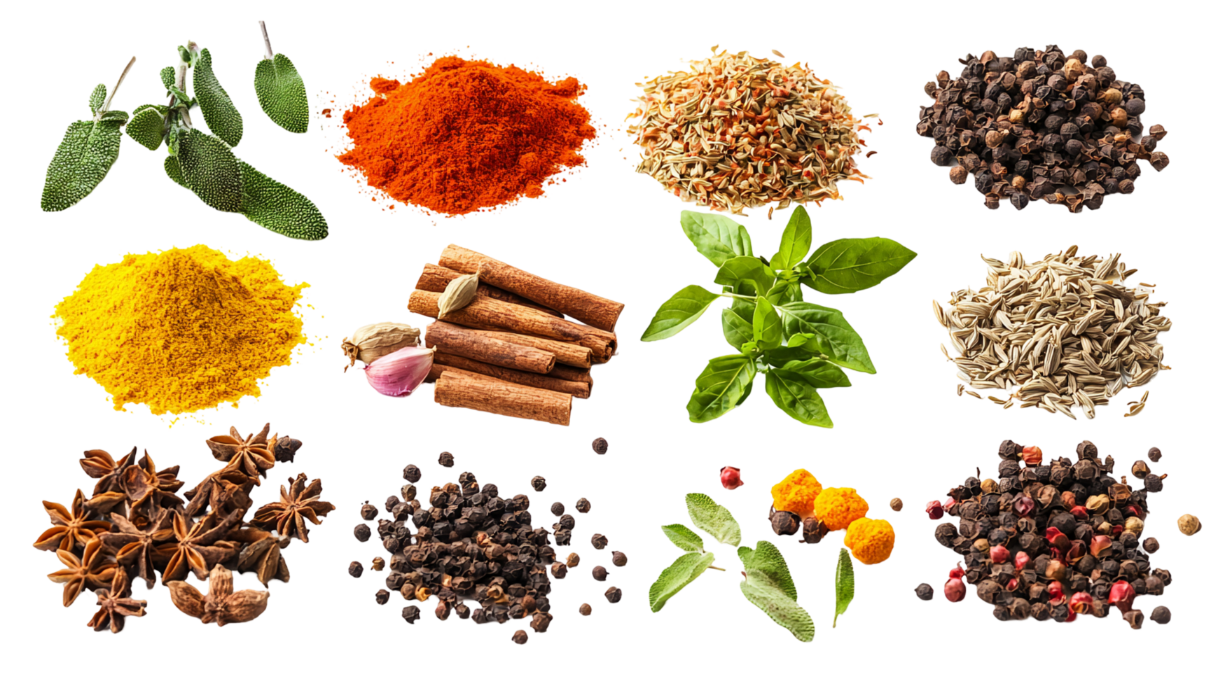 Assortment of culinary herbs and spices background isolated on transparent background png