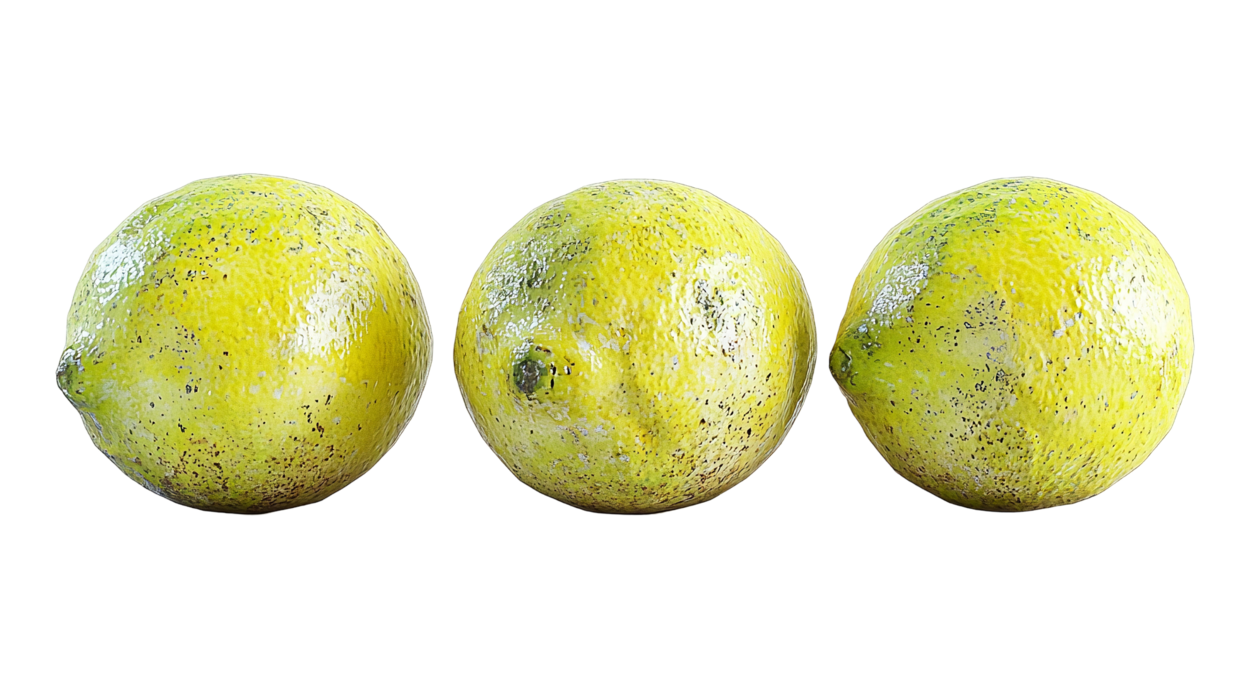 Three fresh lemons citrus fruit yellow background isolated on transparent background png