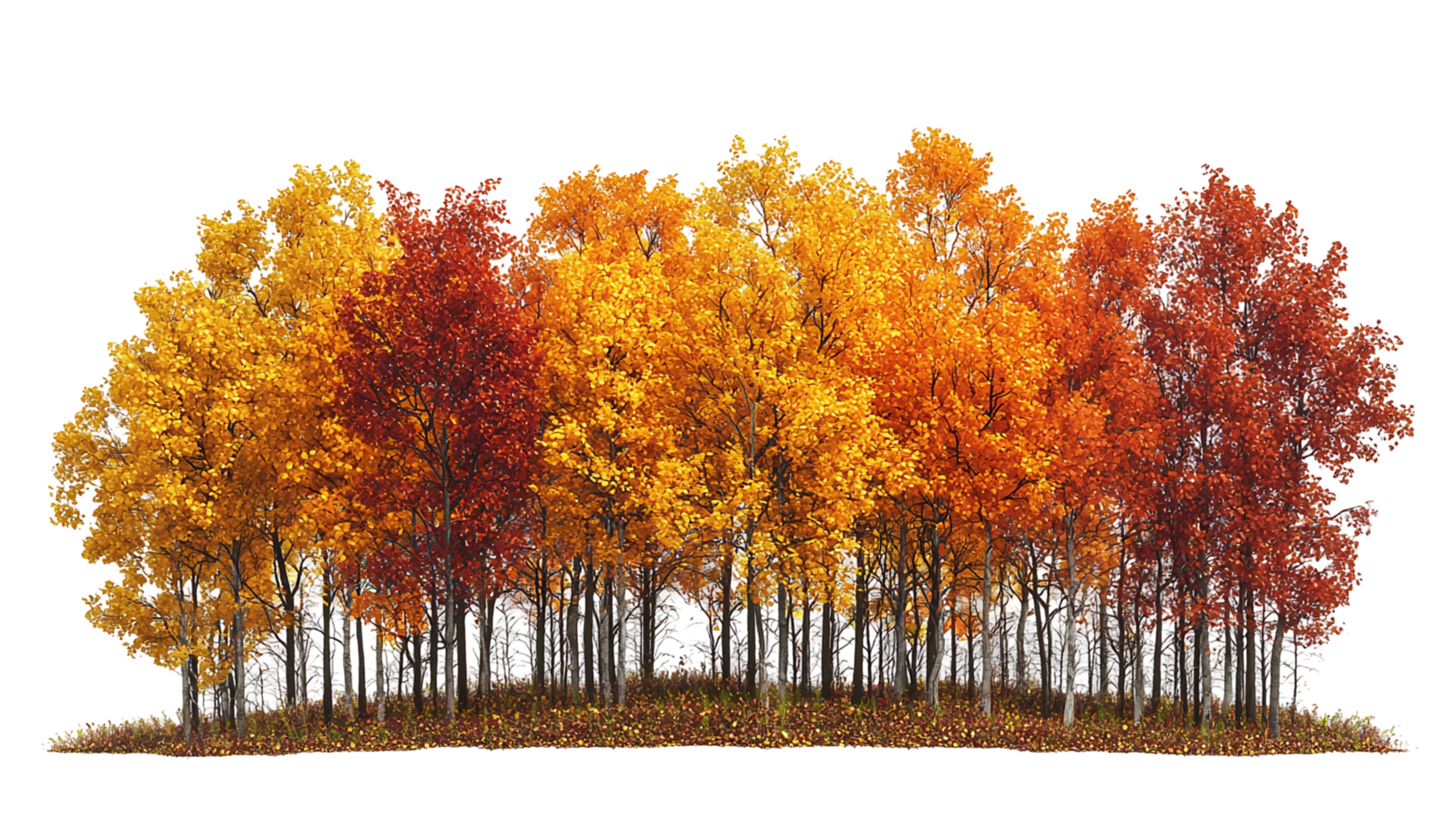 Autumn trees with colorful leaves in forest scenery isolated on transparent background png