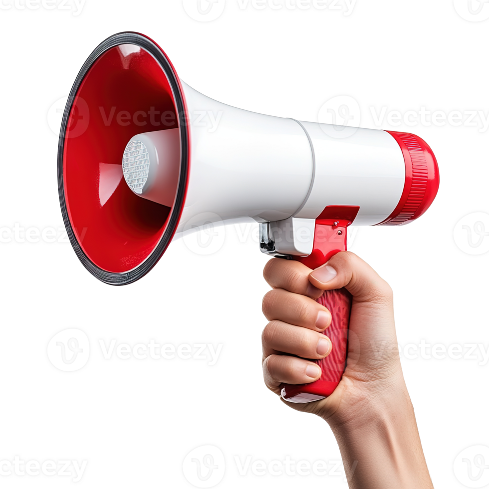 Hand Holding Red White Megaphone to Make Loud Announcement or Amplify Voice Message Isolated at the Transparent Background png