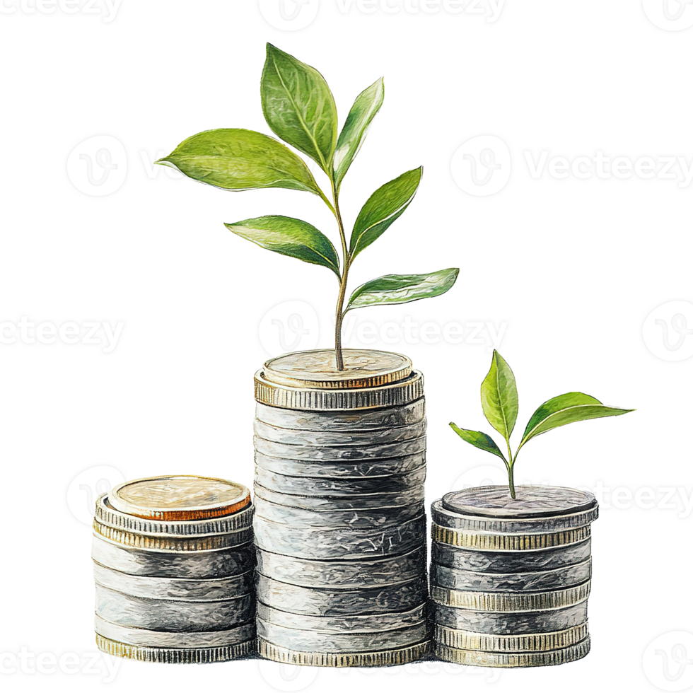 Stacks of Coins Money Plant Growth Concept Isolated at the Transparent Background png