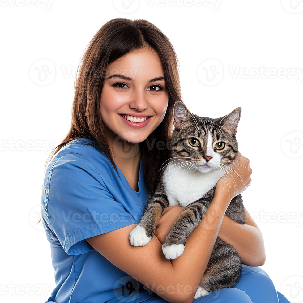 A Smiling Female Doctor Holding Tabby Cat Isolated at the Transparent Background png