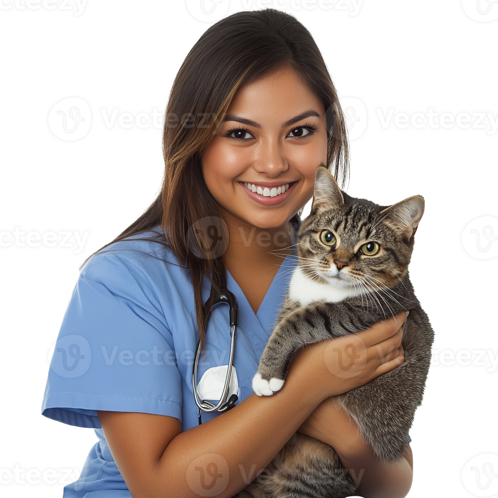 A Smiling Female Doctor Holding Tabby Cat Isolated on the Transparent Background png
