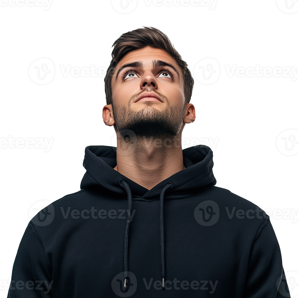 Handsome Man Wearing Black Hoodie and Looking Up, Isolated at Transparent Background png