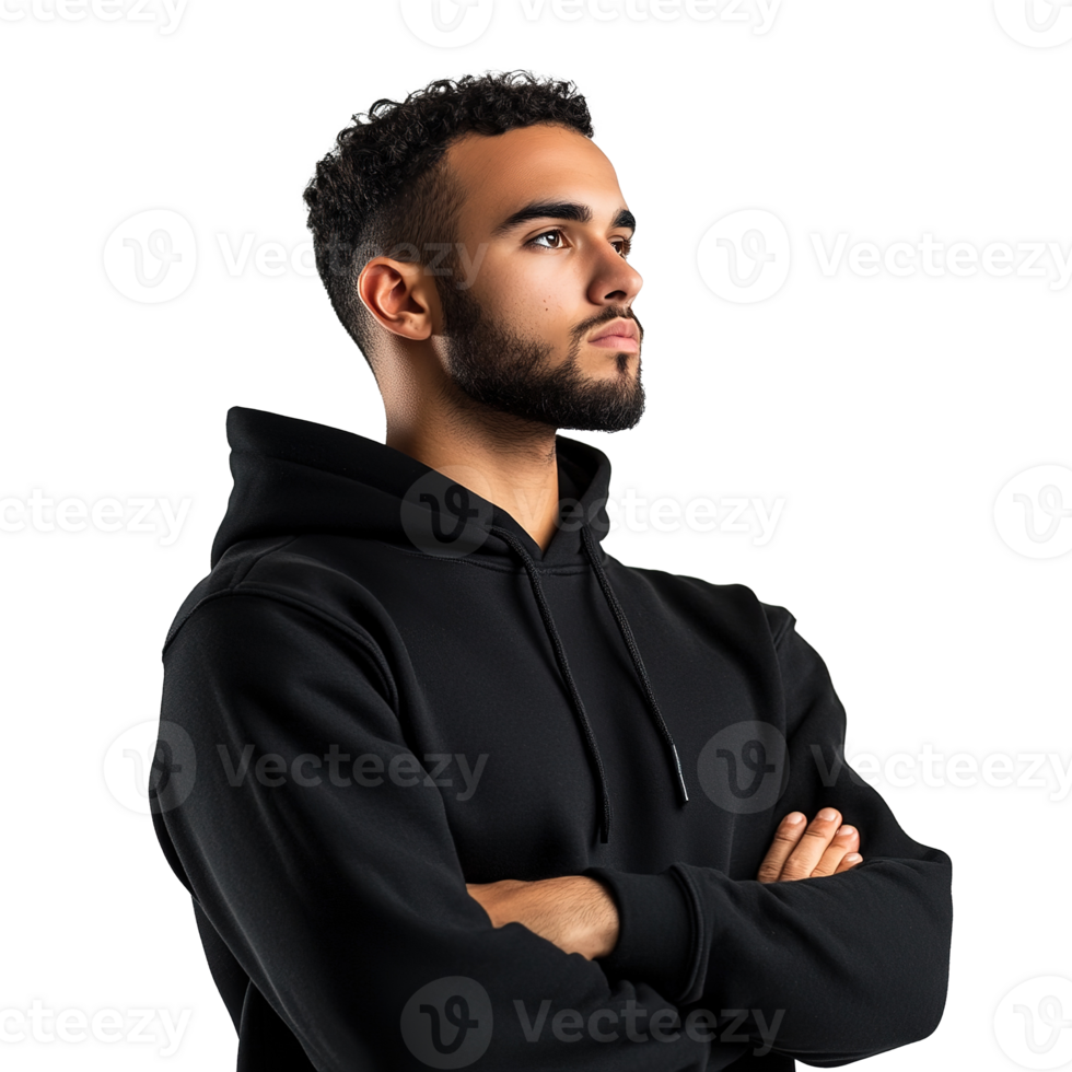 Handsome Man Wearing Black Hoodie and Looking Up, Isolated at the Transparent Background png