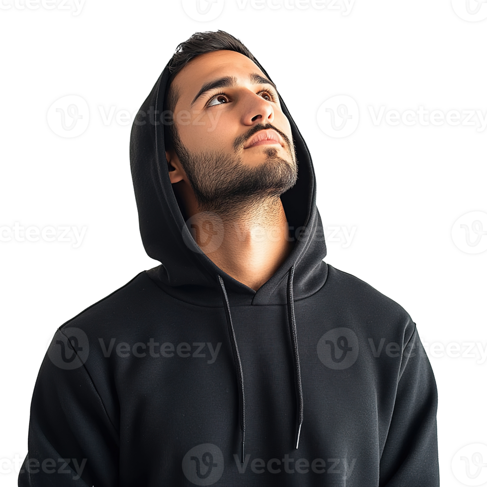 Handsome Man Wearing Black Hoodie and Looking Up, Isolated on the Transparent Background png