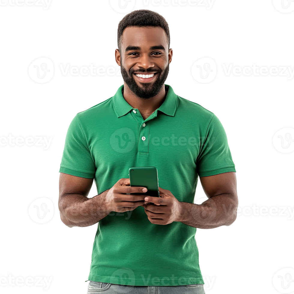 Smiling Man Using Phone Texting with Happy Expression Isolated on the Transparent Background png