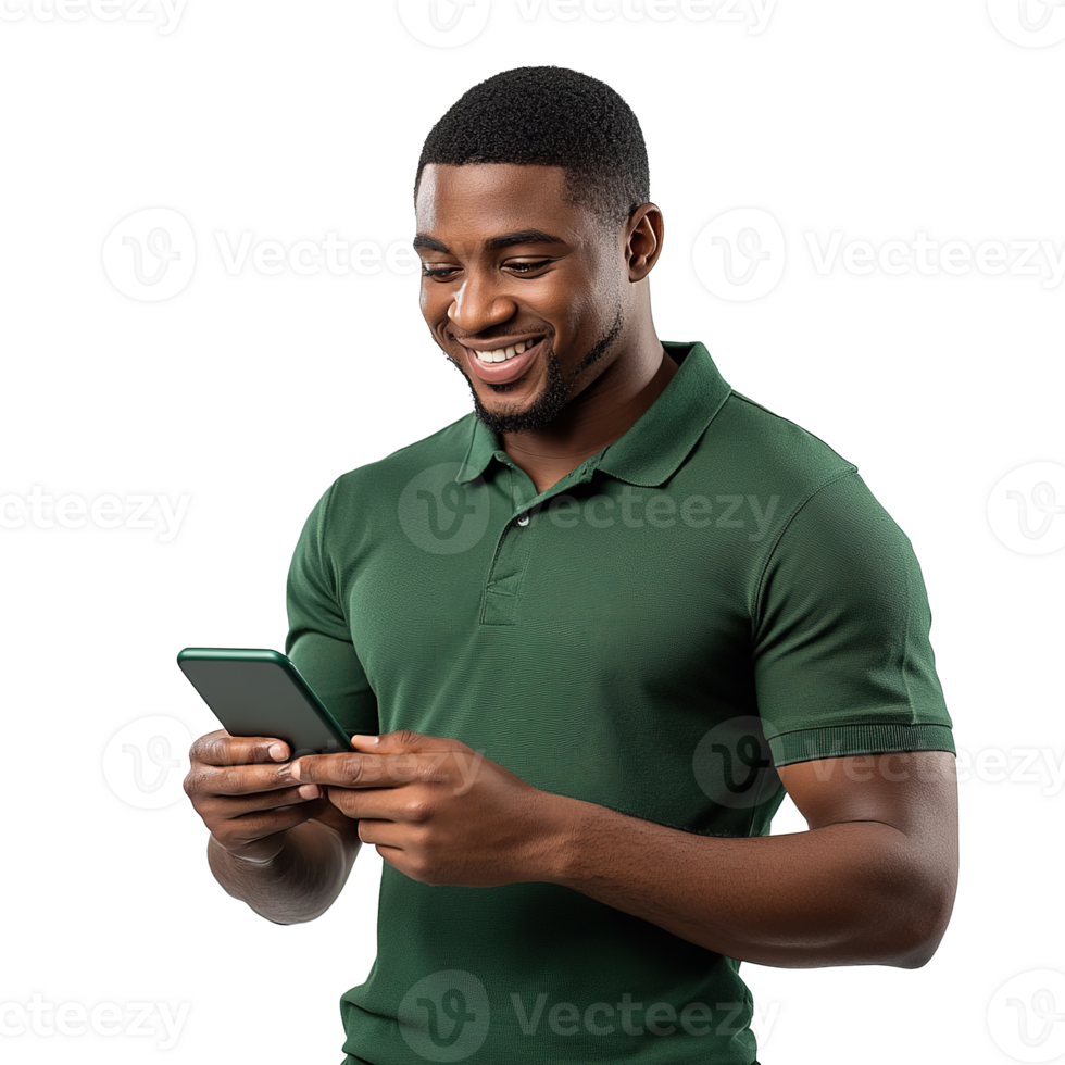 Smiling Man Using Phone Texting with Happy Expression Isolated on Transparent Background png