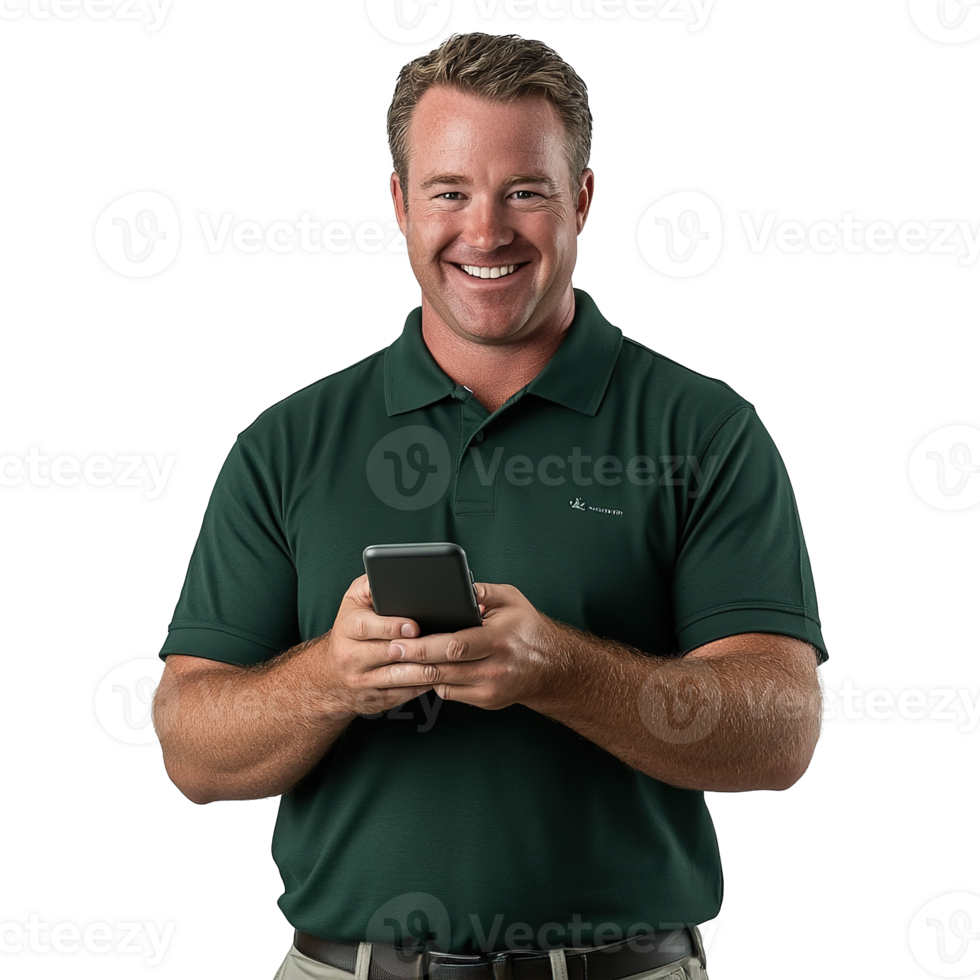 Smiling Man Texting on the Phone with Happy Expression Isolated at the Transparent Background png