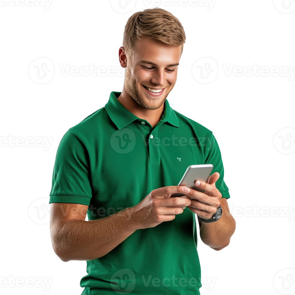 Smiling Man Texting on the Phone with Happy Expression Isolated on the Transparent Background png