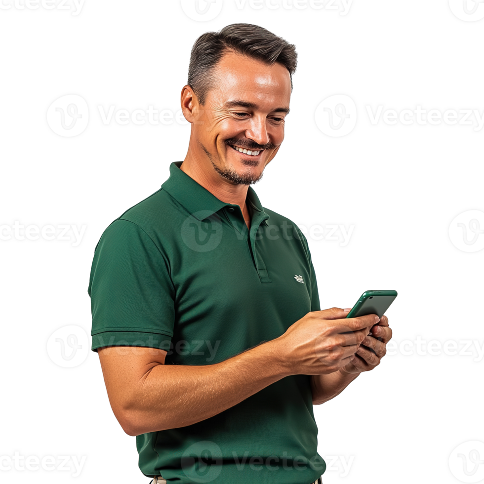 Smiling Man Texting on the Phone with Happy Expression Isolated on Transparent Background png