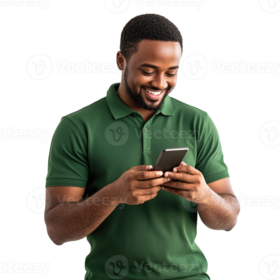 Man with Happy Expression Texting on Phone Isolated on Transparent Background png