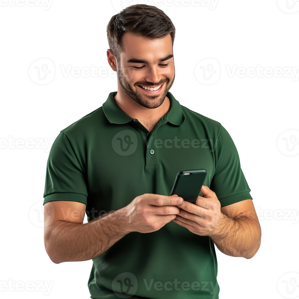 Happy Man Texting on Mobile Phone Isolated on the Transparent Background png