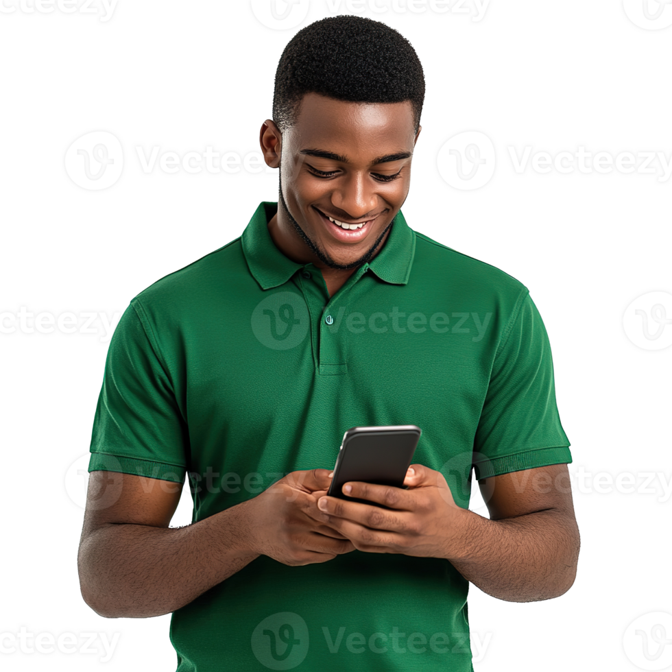 Happy Man Texting on Mobile Phone Isolated on Transparent Background png