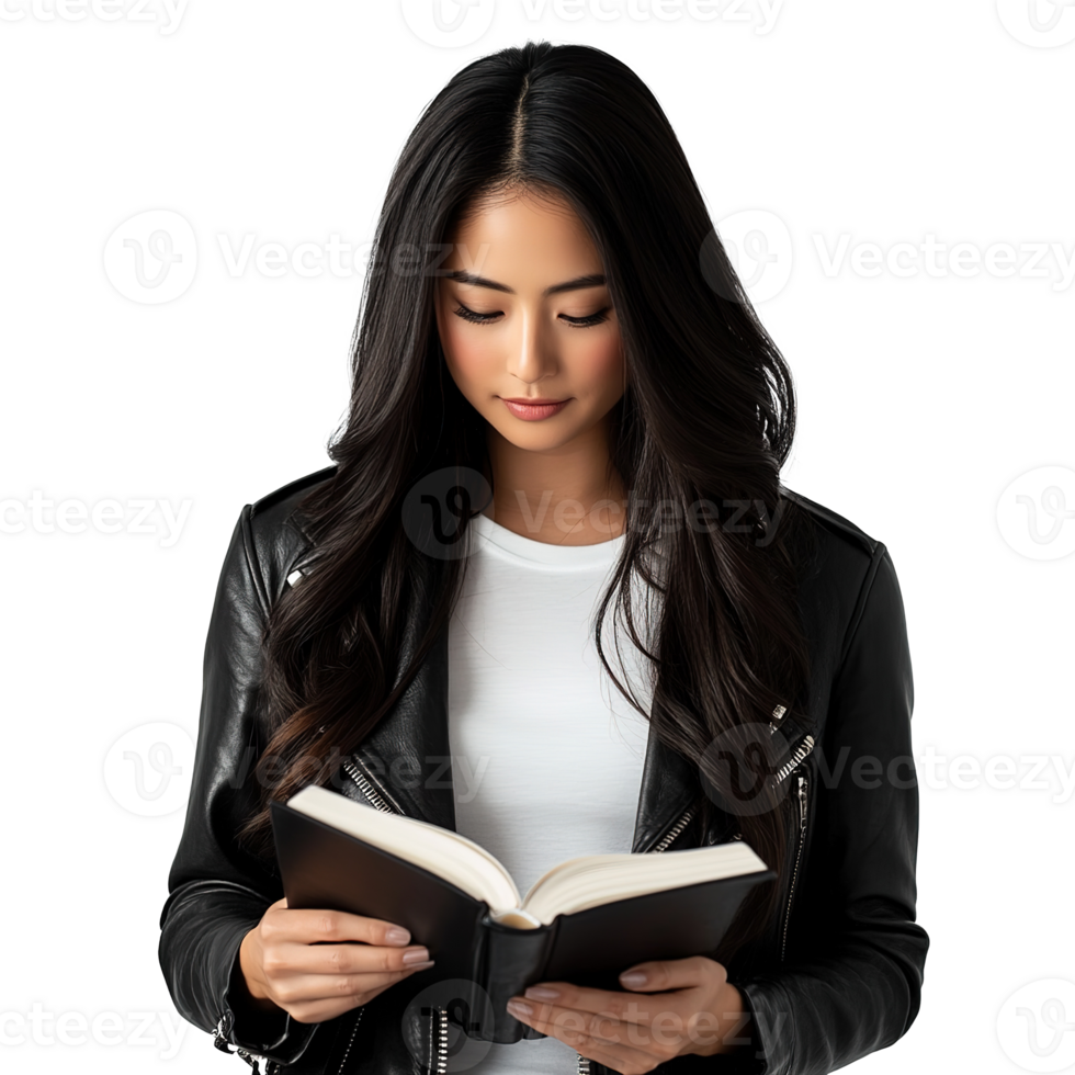 Young Woman Reading Book for Learning Isolated on Transparent Background png