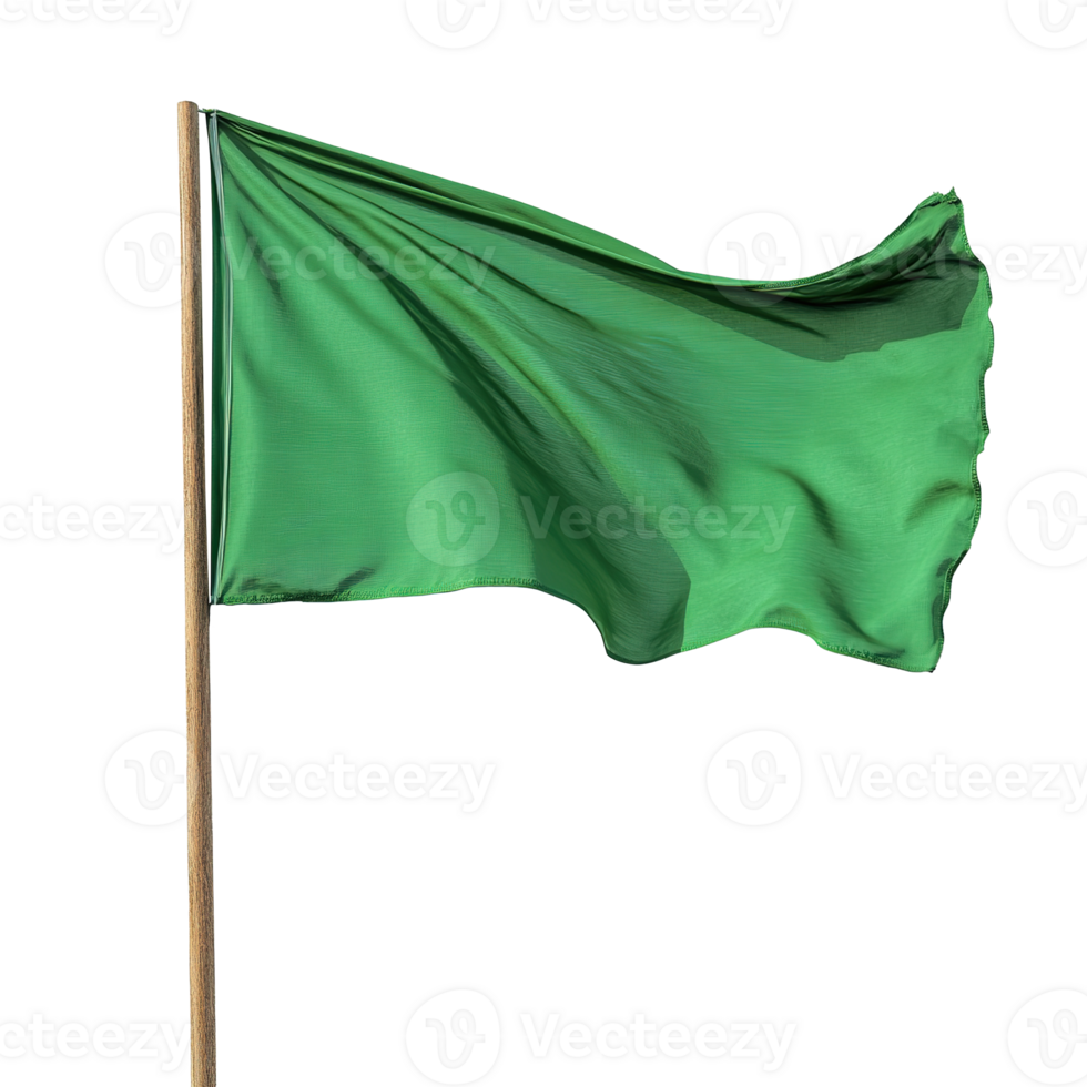 Green Flag Fluttering Waving in the Wind Isolated on the Transparent Background. Cut Out png