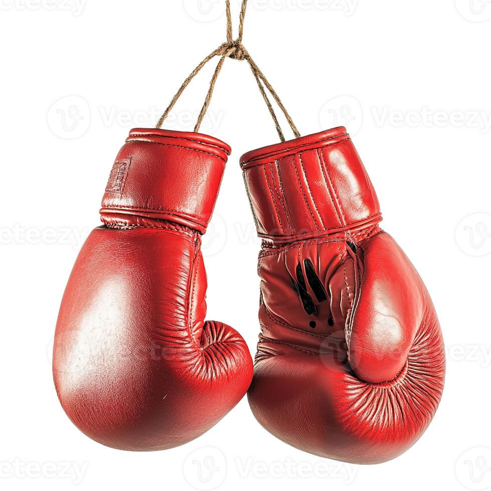 Pair of Old Red Leather Boxing Gloves Hanging Isolated at the Transparent Background. Cut Out png