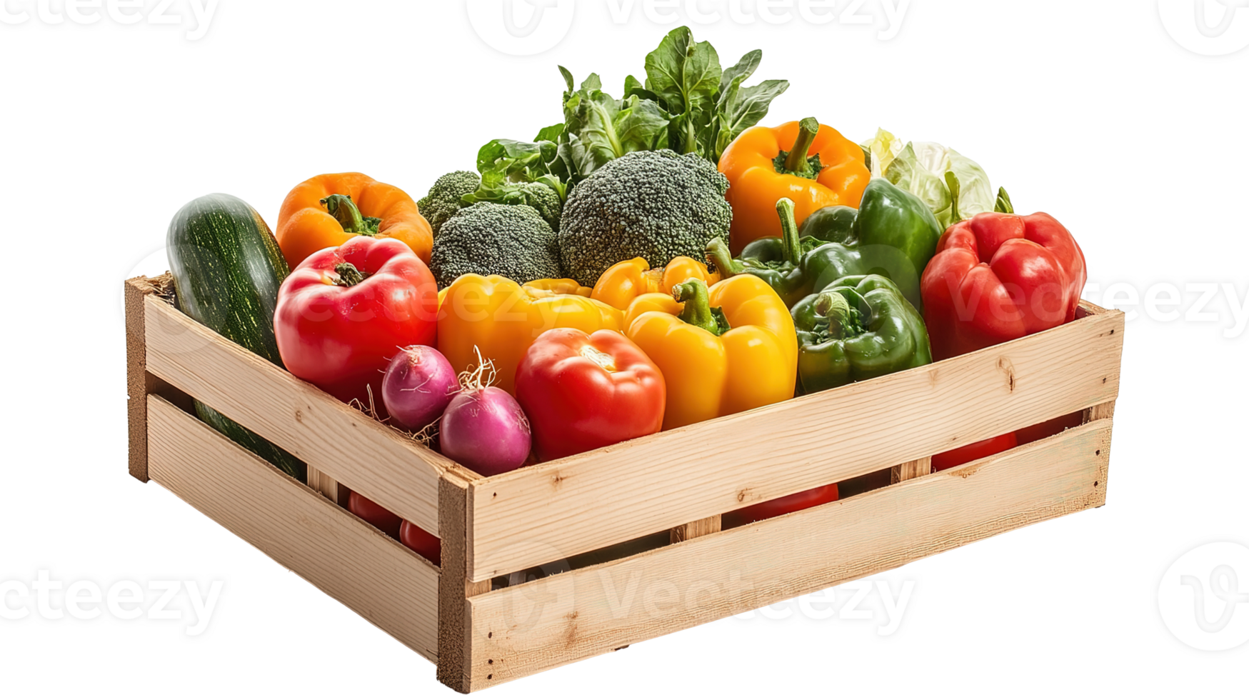Various Vegetables in Wooden Box Isolated at the Transparent Background png