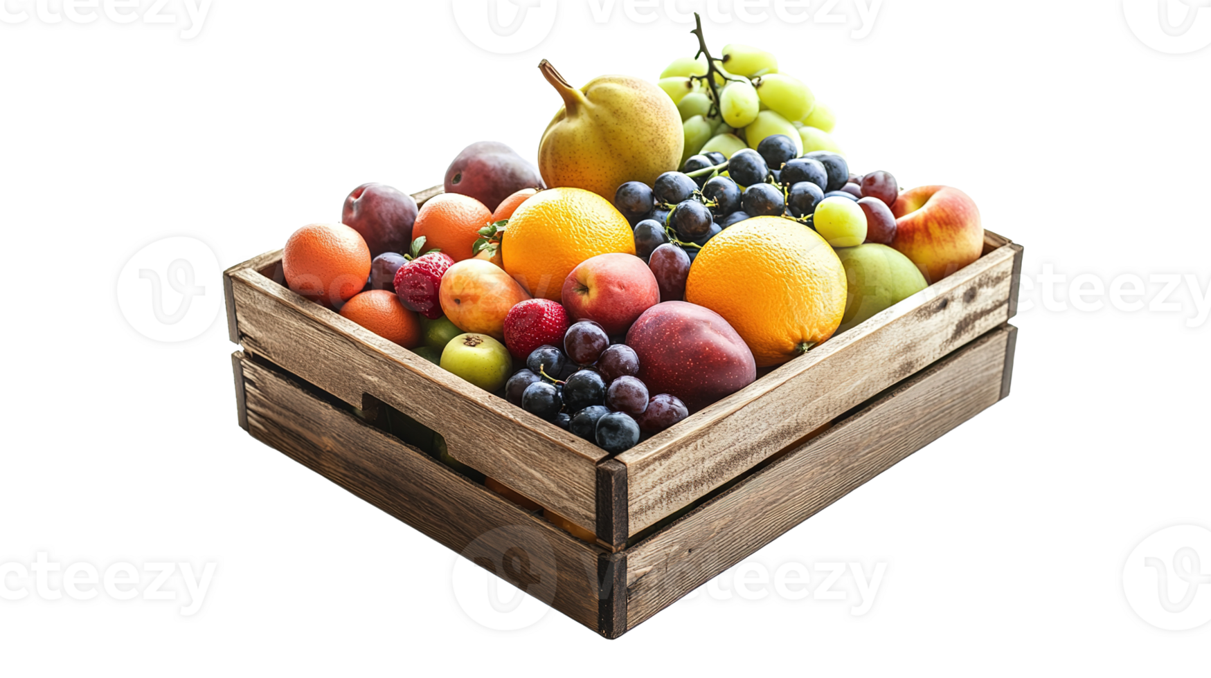 Various Fruits in Wooden Box Isolated on the Transparent Background png