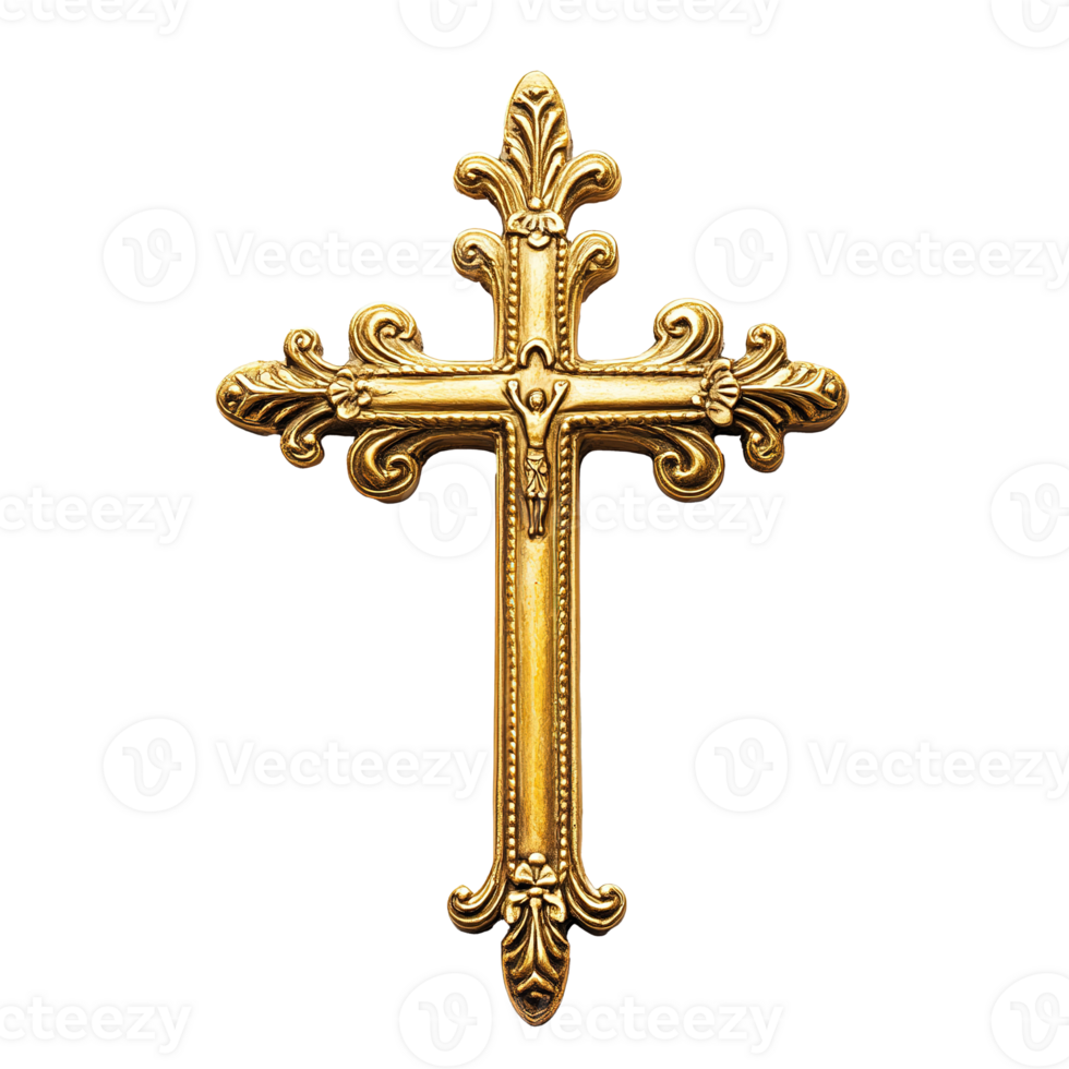 Golden Religious Cross with Details Isolated on the Transparent Background png