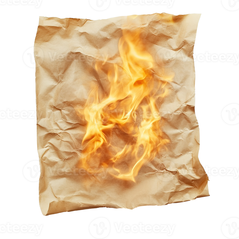 Burning Crumpled Sheet of Old Paper Isolated on the Transparent Background png