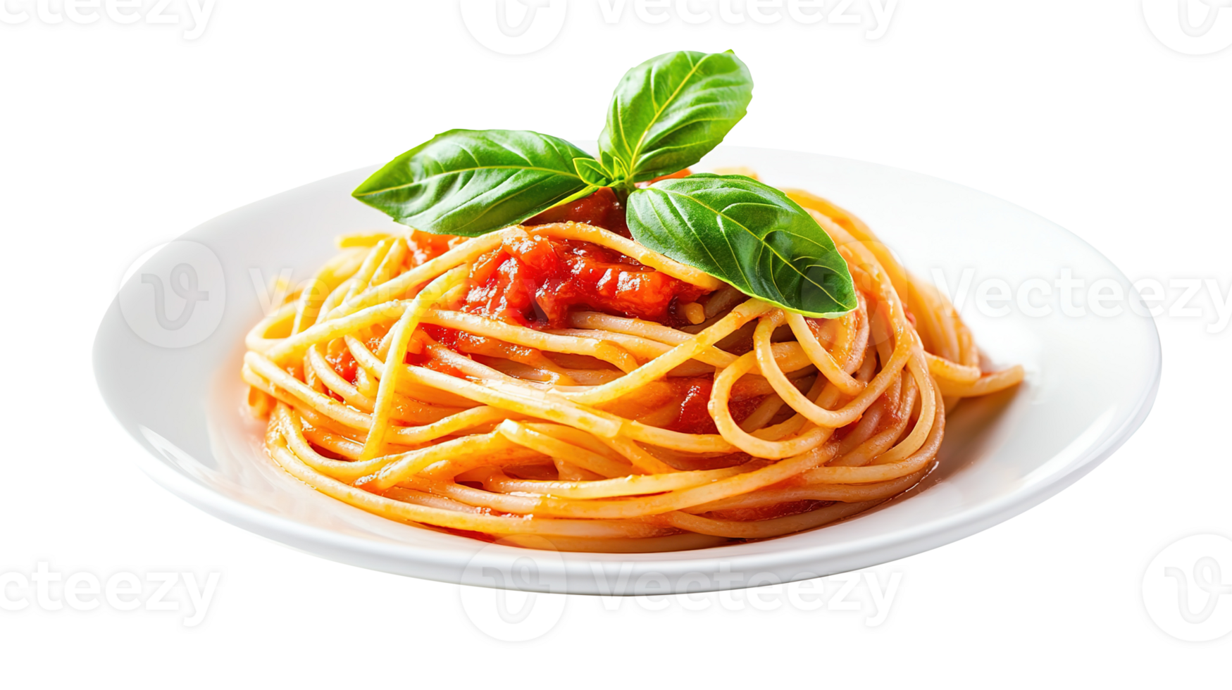 Fresh Basil Garnished Spaghetti with Tomato Sauce Isolated at Transparent Background png