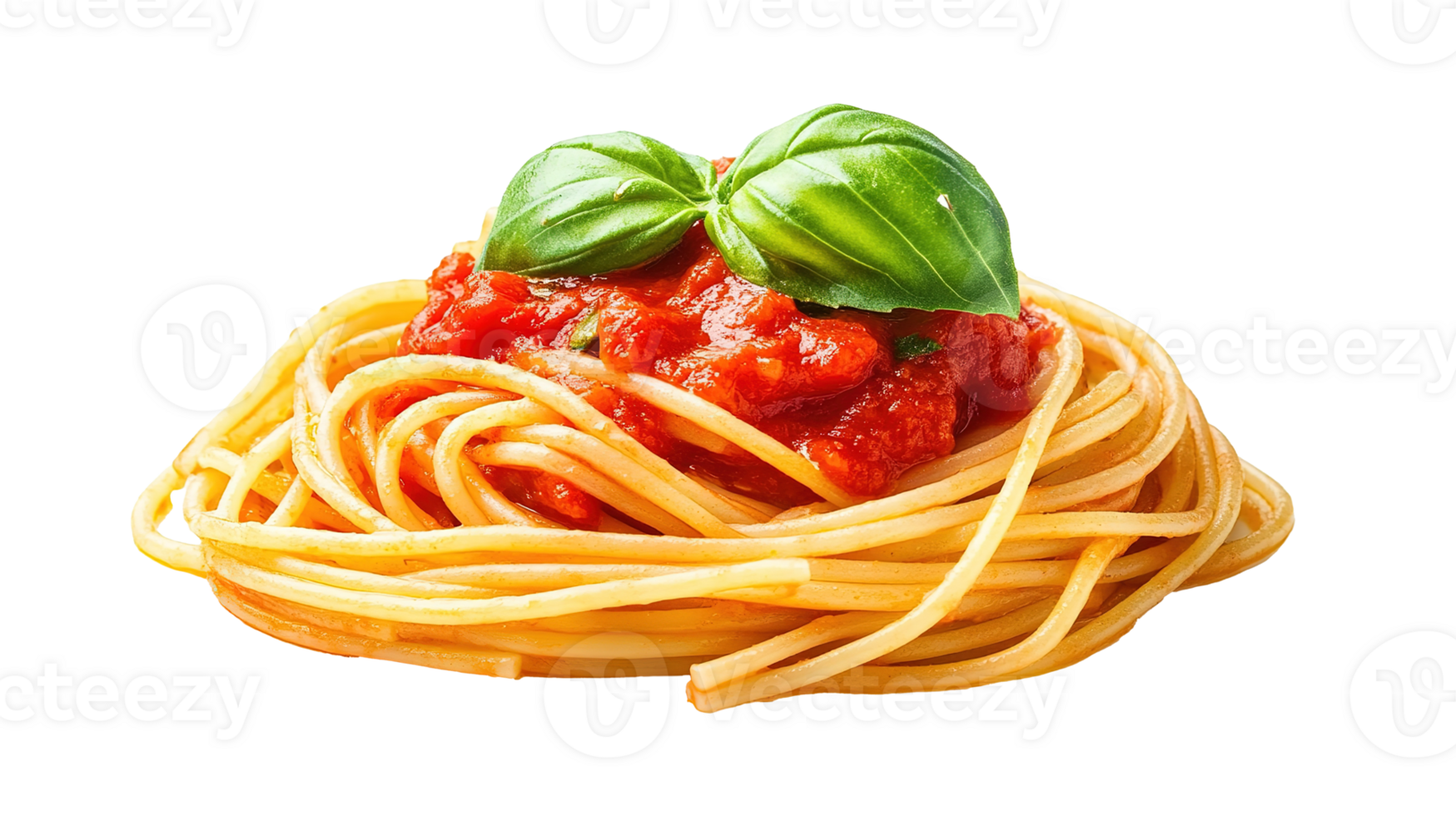 Fresh Basil Garnished Spaghetti with Tomato Sauce Isolated at the Transparent Background png