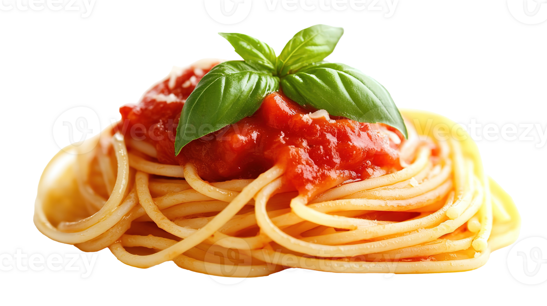 Fresh Basil Garnished Spaghetti with Tomato Sauce Isolated on the Transparent Background png