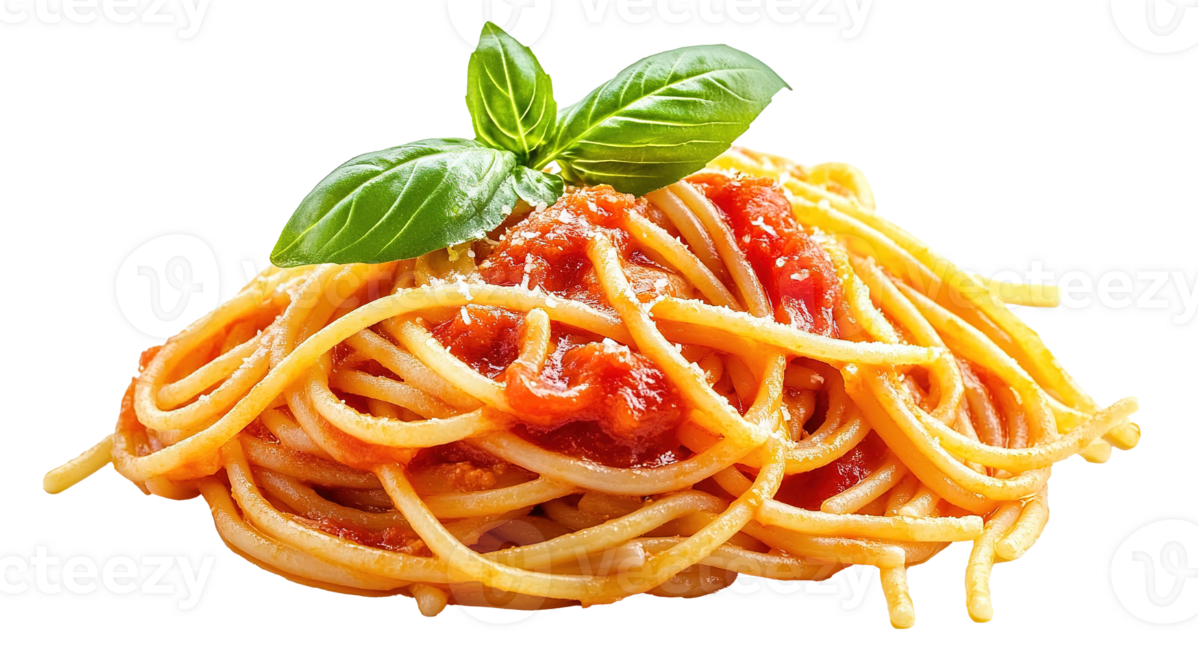 Delicious Pasta Spaghetti with Tomato Sauce Garnished with a Fresh Basil Leaf Isolated at Transparent Background png